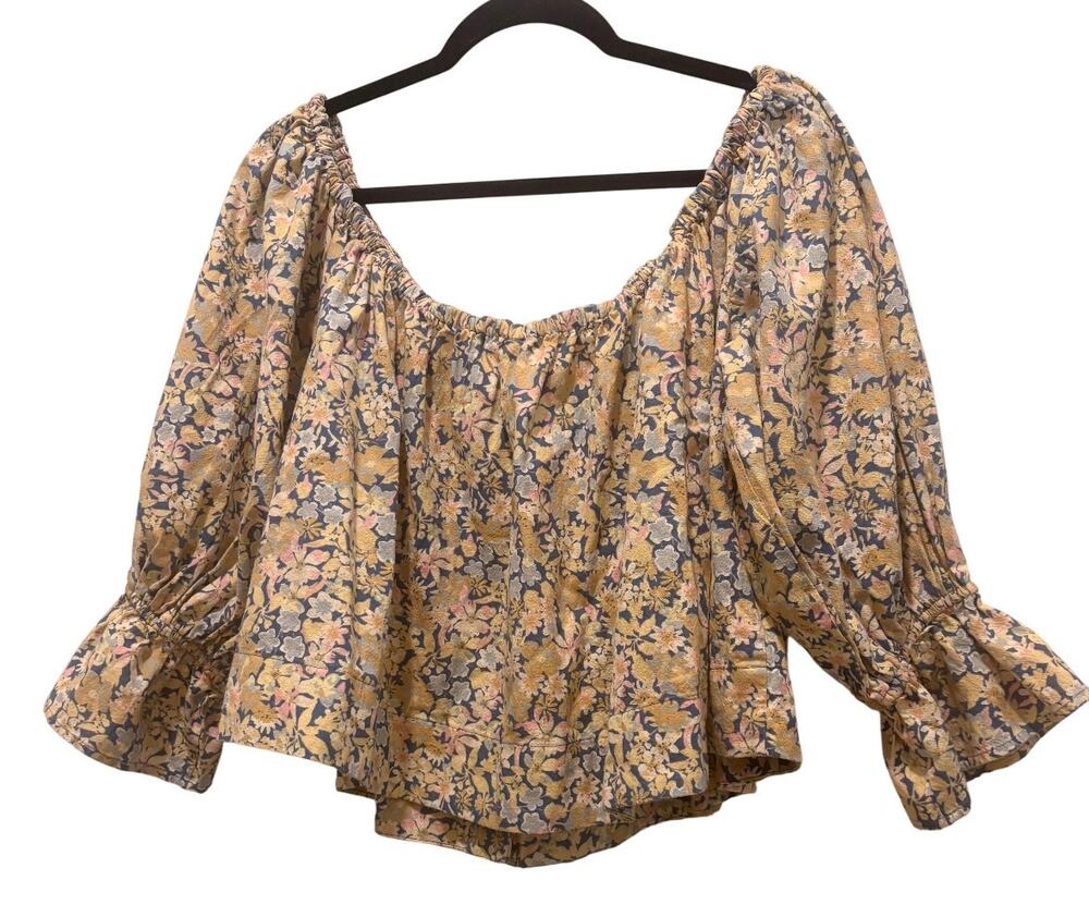 Free People James Smock $128 Boxy Crop Top Off Shoulder Puff Sleeve Blouse M